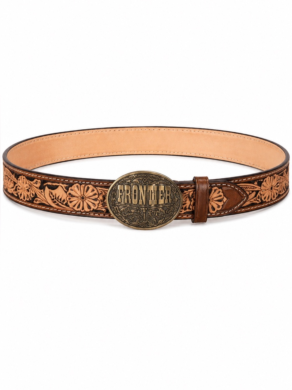 Tooled Leather Floral Belt - Brown Tan handmade